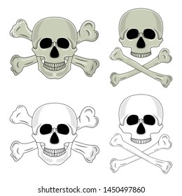 Set of skulls with crossed bones isolated on white background. Cartoon human skull with jaw. Vector illustration for any design.