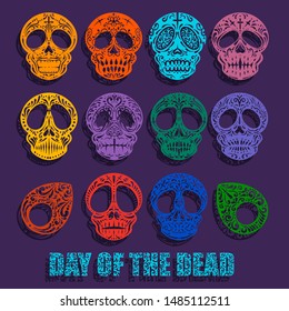 Set of skulls cut out of paper. the day of the Dead. Violet background. Painted Skull. Vector illustration.