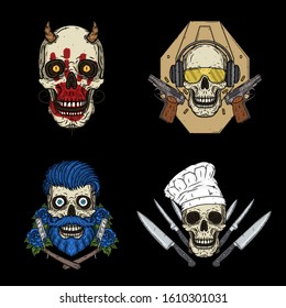 Set of skulls - devil, shooter, hipster and chef
