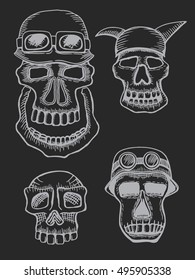 Set of Skulls, emblem motorcycle helmet and motorcycle glasses On the dark background. Symbol brutal biker subculture. Vector t-shirt design