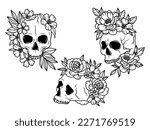 Set of skulls with flowers. Collection of human skull portrait with floral wreath. Vector illustration isolated on white background.