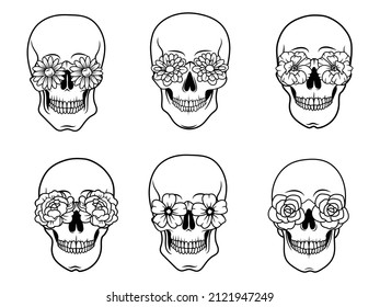 Set of skulls with flowers. Collection of human skull portrait with floral eye. Vector illustration isolated on white background.