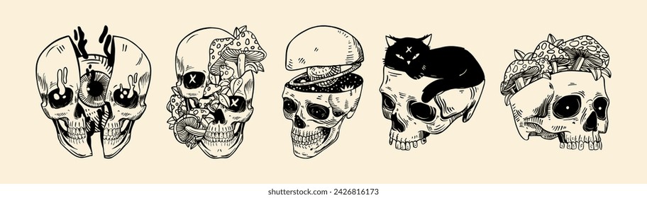 Set of skulls with with fly agaric cat and Saturn. Vector illustration isolated on a background.