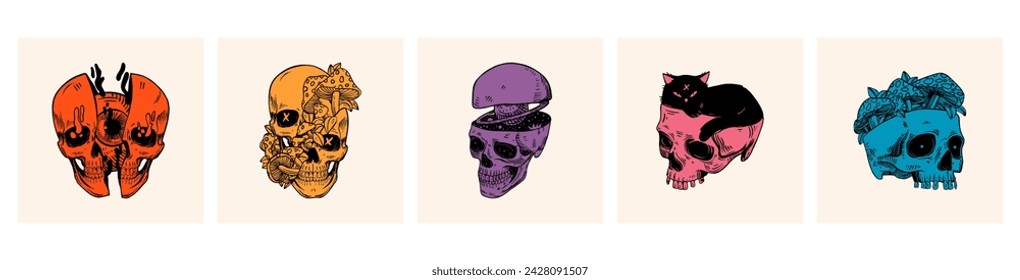 Set of skulls with with fly agaric, cat and Saturn. Vector illustration isolated on a background.