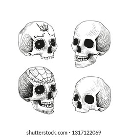 Set of skulls in the hand draw style