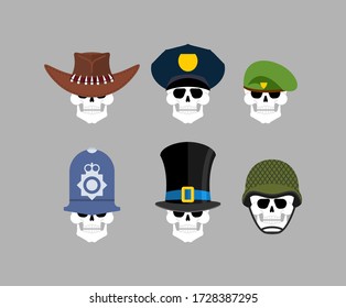 Set of skulls in hats. Green beret and hat cylinder. Cowboy and policeman. Aristocrat and British sheriff. skeleton head 
