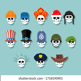 Set of skulls in hats. Statue of Liberty and Uncle Sam. Russian kokoshnik and building helmet. 
Green beret and hat cylinder. Cowboy and policeman. Aristocrat and British sheriff. skeleton head 