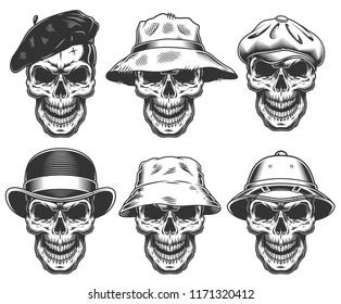 Set of skulls in the hats. Vector illustraiton