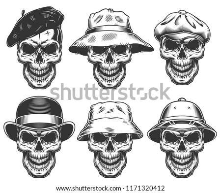 Set of skulls in the hats. Vector illustraiton