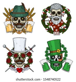 Set of skulls for holidays. Oktoberfest, New year, Valentine's Day, St. Patrick's Day