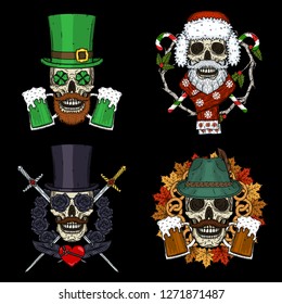 Set of skulls for holidays. St. Patrick's Day, New year, Valentine's Day, Oktoberfest
