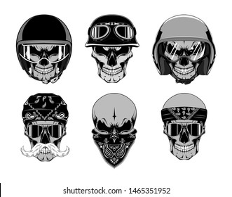 Set of skulls in motorcycle helmets and bandanas. Vector image on white background.
