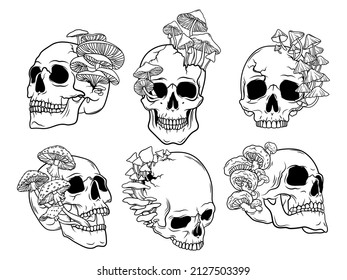 Set skulls and mushrooms  Collection human mushroom  skull  Witchy  Psychedelic plants  Vector illustration isolated white background 
