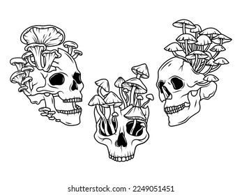 Set of skulls with mushrooms. Collection of human mushroom  skull. Witchy. Psychedelic plants. Vector illustration isolated on white background.