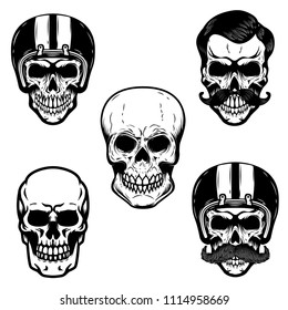 Set of skulls on white background. Cranium in racer helmet.  For emblem, sign, logo, label, badge. Vector image