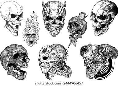 Set of skulls on white background, vector, gothic, skull faces, alien skulls, human and animal skulls, vector line drawing