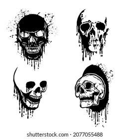 A set of skulls from paint spots. Vector hand drawn illustrations