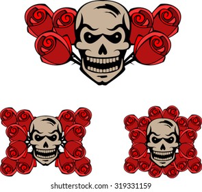 Set of skulls and red roses