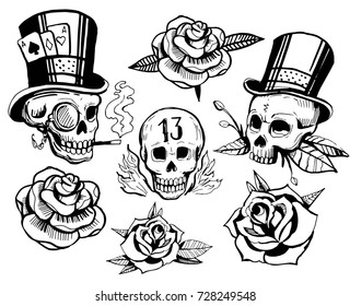 Set of skulls and roses. Old school tattoo style. Hand drawn illustration