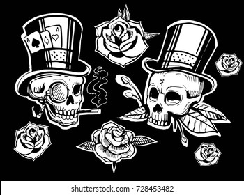 Set of skulls and roses. Old school tattoo style. Hand drawn illustration