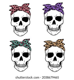 Set of skulls. Skull with leopard bandana. Leopard print. Halloween. Vector illustration. Isolated on white background.