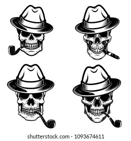 Set of skulls of smokers. Design elements for logo, label, emblem, sign, poster. Vector image