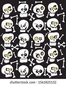 A set of skulls of various types. The skulls is drawn on black background. Funny skulls pattern with bones