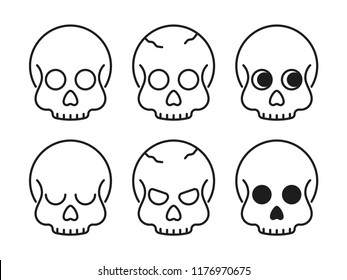 Set of skulls. Vector icons in line art style. Cute and scary skulls