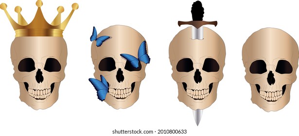 Set of skulls vector illustration. Creative artwork including crown, butterflies and sword.