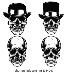 Set of skulls in vintage hats. Skull with moustache. Design elements for poster, t shirt. Vector illustration