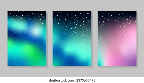 Set of sky background, frames. Northern lights and stars. Vector illustration. Social media banner template for stories, posts, blogs, cards, invitations.