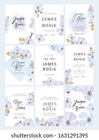 Set of sky Blue minimal Wedding Invitation, floral invite thank you, rsvp modern card Design in blue flower with  leaf greenery  branches decorative Vector elegant rustic template