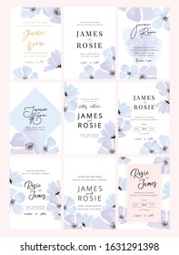 Set of sky Blue minimal Wedding Invitation, floral invite thank you, rsvp modern card Design in blue flower with  leaf greenery  branches decorative Vector elegant rustic template