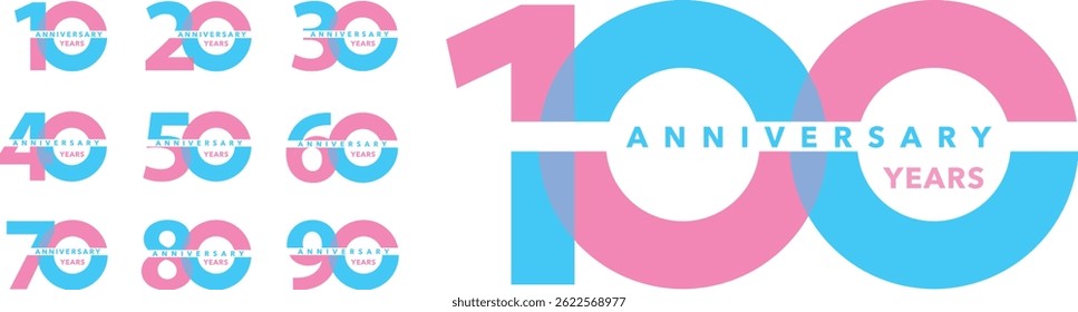 set of sky blue and pink color number 10 20 30 40 50 60 70 80 90 and 100 with words YEARS ANNIVERSARY at the middle isolated on white background.