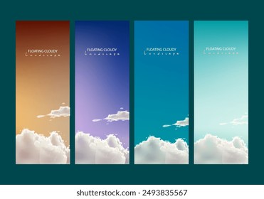 Set of sky with clouds illustration background. Cloudy vector cartoon in different colors nature wallpaper.