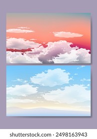 Conjunto de cielo con nubes ilustración de fondo. Fondo de pantalla nublado de la naturaleza del horizonte de la vista del Vector, Web, diseño del Anuncio.