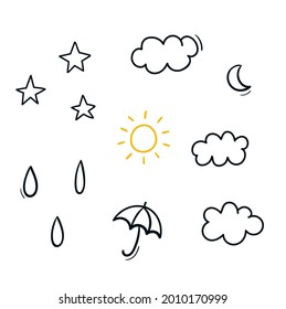 Set of SKY icons. Hand drawing vector. Sun, moon, cloud, Drop, umbrella and stars.