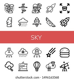 Set of sky icons such as Cloud, Moai, Charleston, Storm, Astronomer, Spaceship, Rocket, Flying, Sending, Rain, Rainbow, Hot air balloon, Shooting star, Bola de berlim, Stargazing , sky