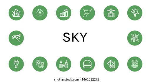 Set of sky icons such as Rocket, Rain, Forecast, Hurricane, Planetarium, Hot air balloon, Air balloon, Astronomy, Petronas twin tower, Bola de berlim, Kite, Fountain, Plane , sky