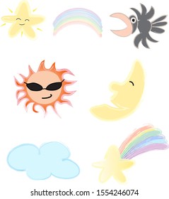 Set of the sky with star, rainbow, bird sun, moon, cloud and comet