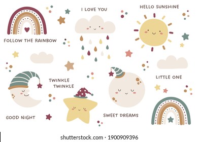 Set of sky and weather themed cute characters and design elements. Sun, clouds, rainbows, raindrops, moon, crescent, and stars. Kawaii characters of sun, cloud, moon, and star.