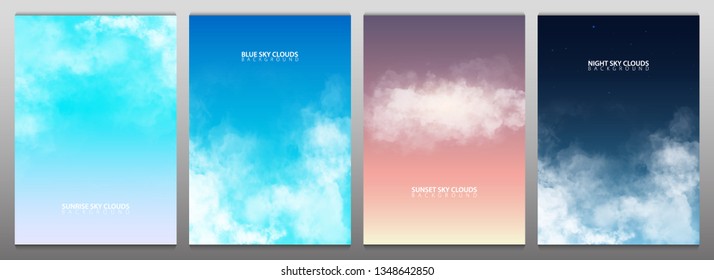 Set of sky with white realistic clouds. Sunset, Sunrise. Blue and night sky. Vector Illustration