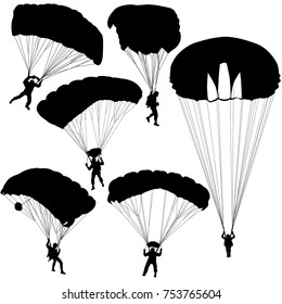 Set skydiver, silhouettes parachuting vector illustration.