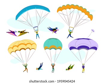 Set of skydivers. Collection of professional skydiving people. Extreme hobby. Cartoon skydivers. Paraglider skydivers, flat falling characters with parachutes, extreme adrenaline sport.