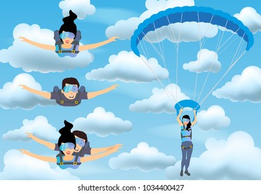 Set of skydivers parachutist characters. Skydiver man and woman flying in the blue cloudy sky. Tandem skydiving. Vector illustration.
