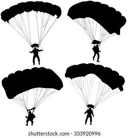 Set of skydivers, silhouettes parachuting vector illustration