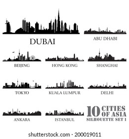 Set of skyline cities silhouettes. 10 cities of Asia #1. Vector illustration.