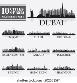 Set of skyline cities silhouettes. 10 cities of Asia 1. Vector illustration