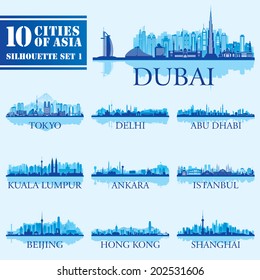 Set of skyline cities silhouettes. 10 cities of Asia 1. Vector illustration