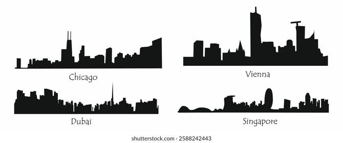 Set of skyline silhouettes of  different cities, Vienna, Chicago, Dubai, Singapore. Vlack flat vector illustrations isolated on white background